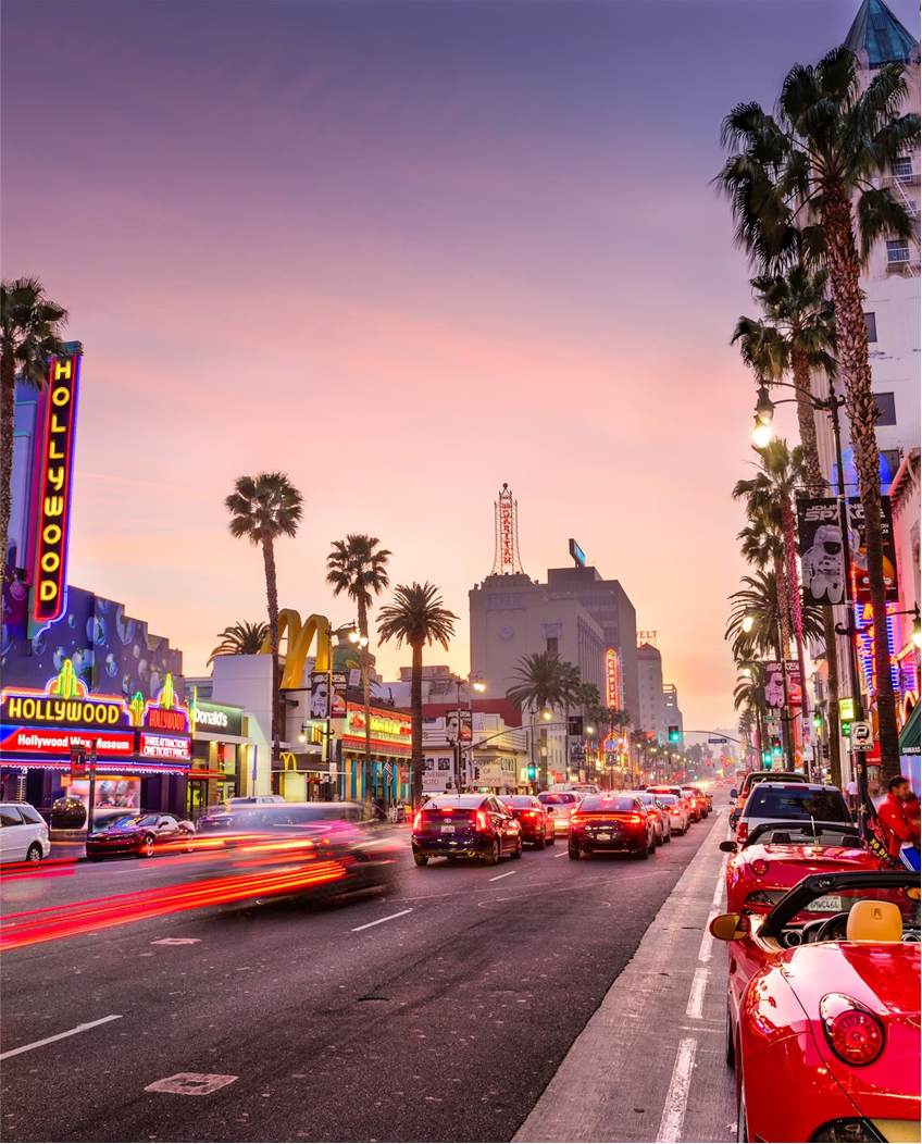 Evening view of Hollywood Boulevard in Los Angeles with traffic