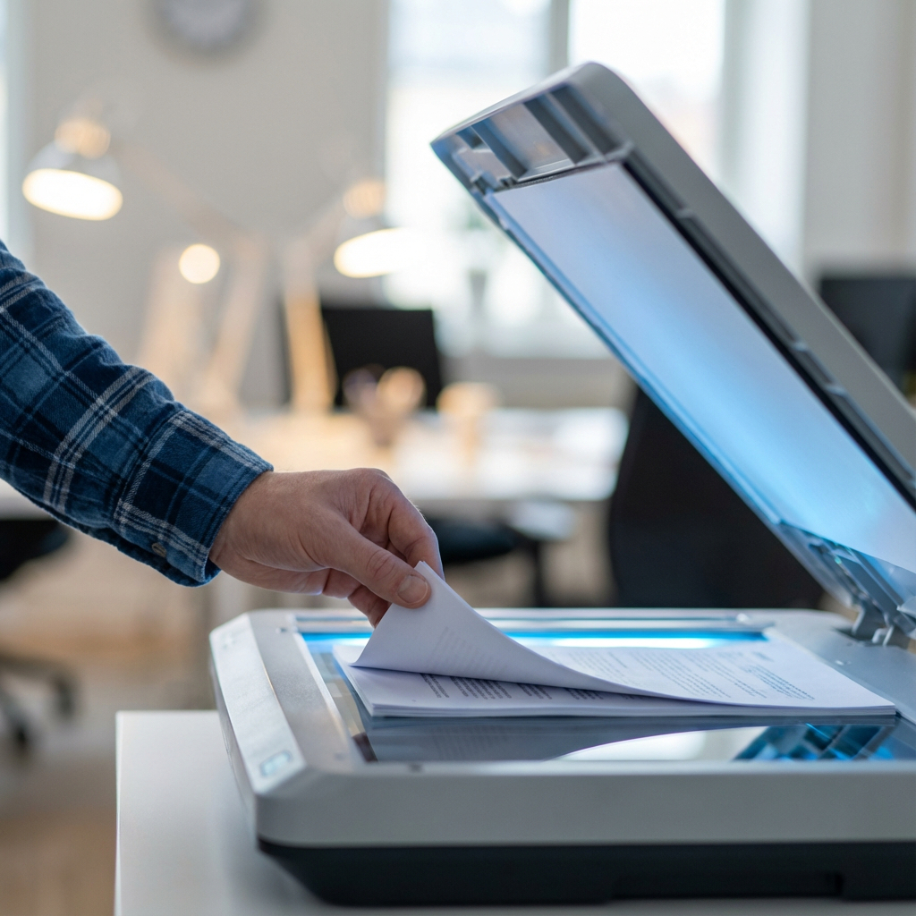 Person wearing a blue plaid shirt lifting papers from a flatbed scanner.