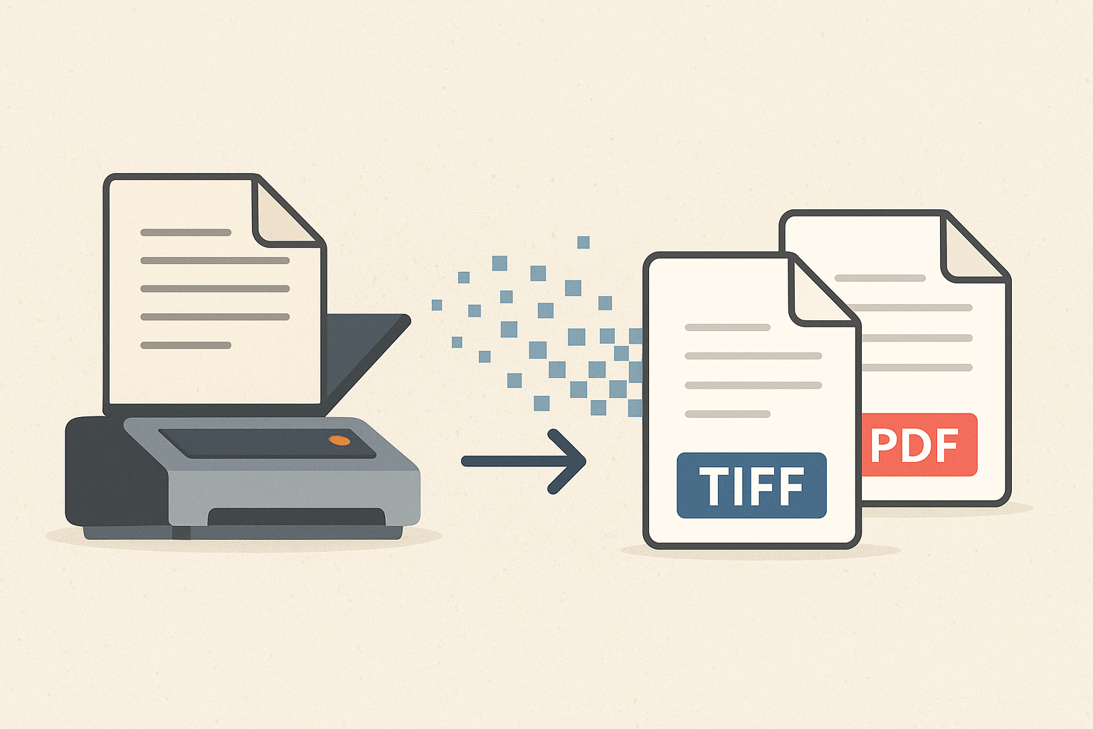 Illustration of document scanning process showing paper files being converted into digital formats like TIFF and PDF, representing professional document imaging services by Turn Source Imaging.