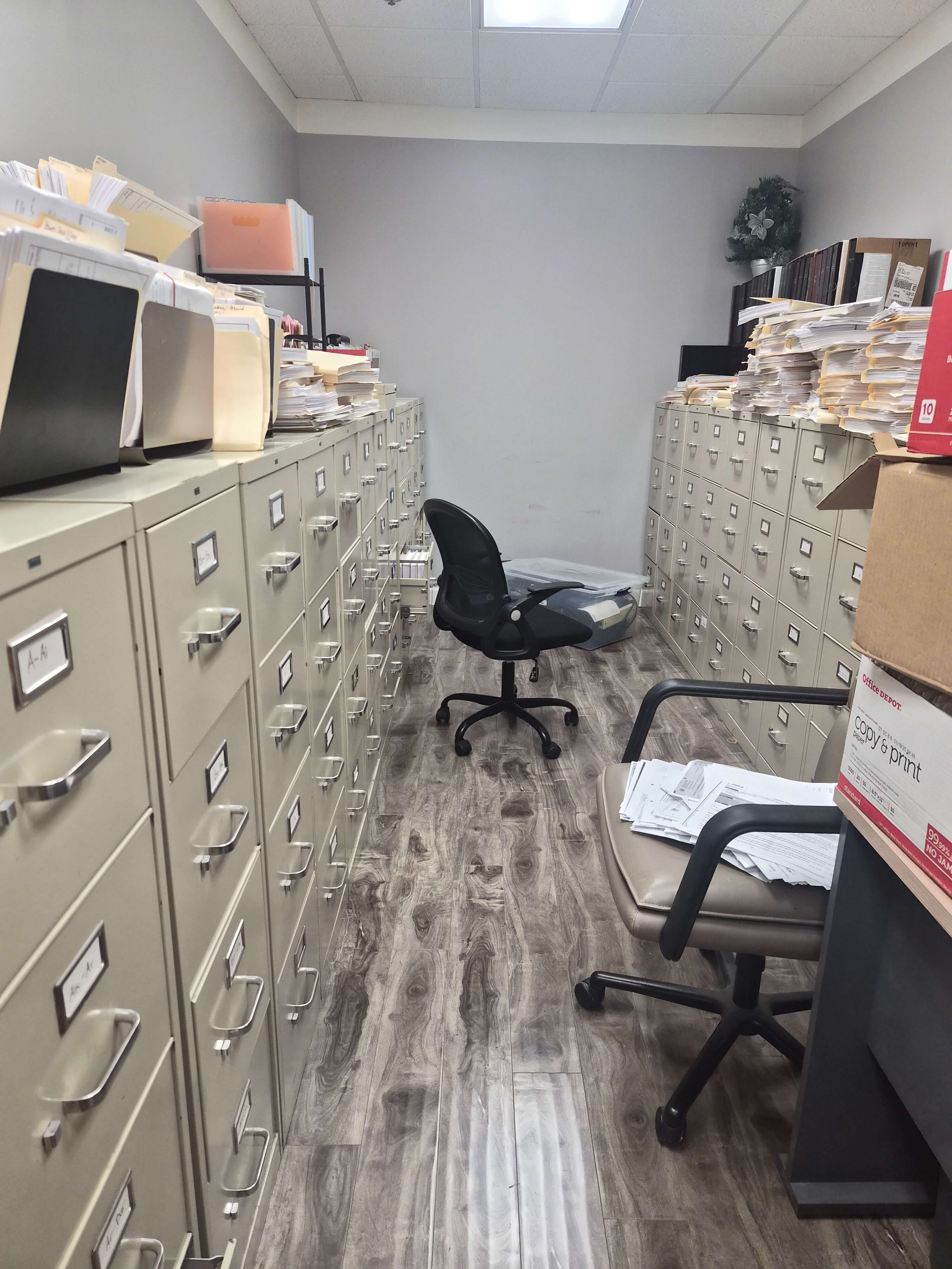 Closed client files in a Southern California law firm file room