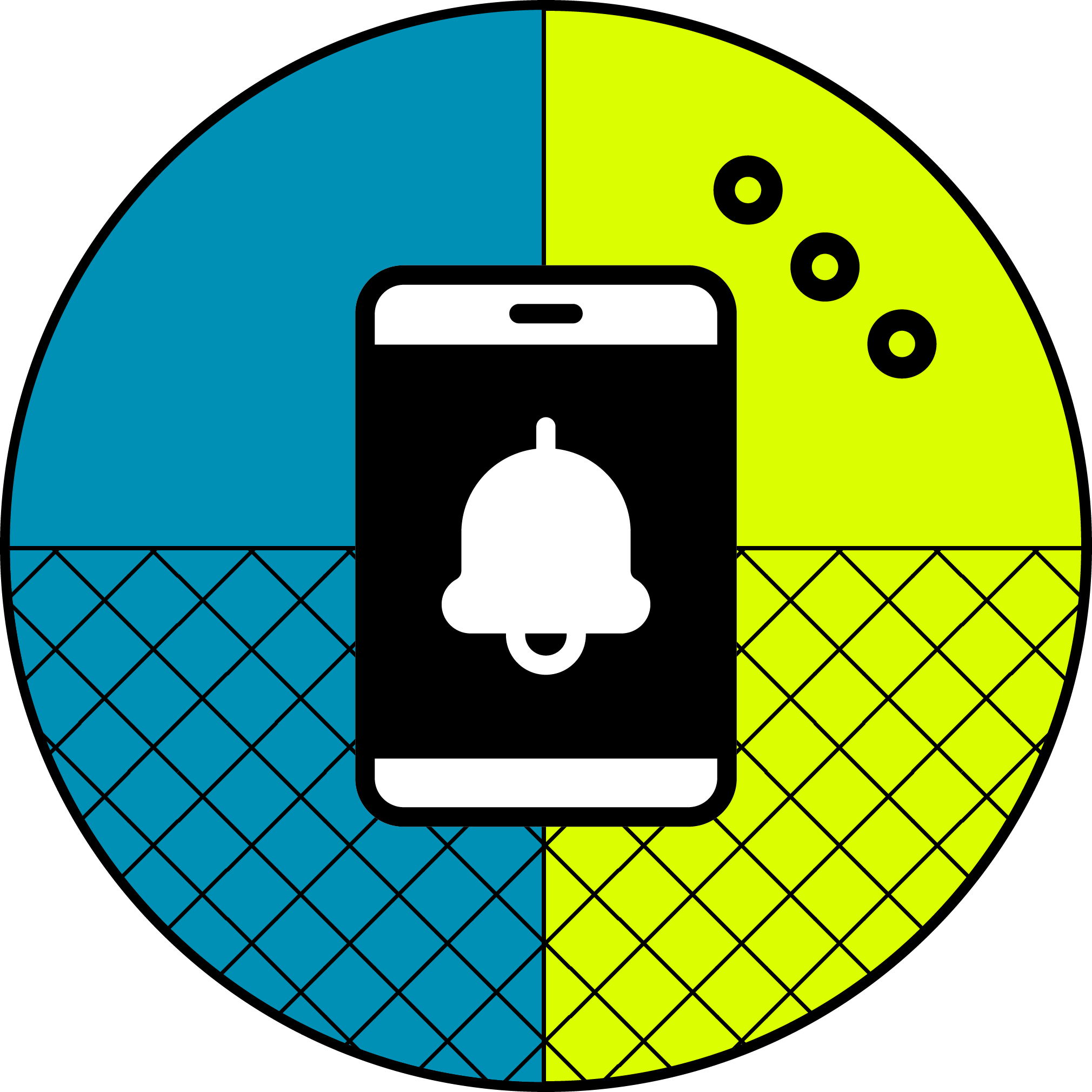 Google Business Profile Service Smartphone icon with a notification bell in the center of a circle divided into blue and yellow quadrants with grid patterns and three small circles on the yellow side.