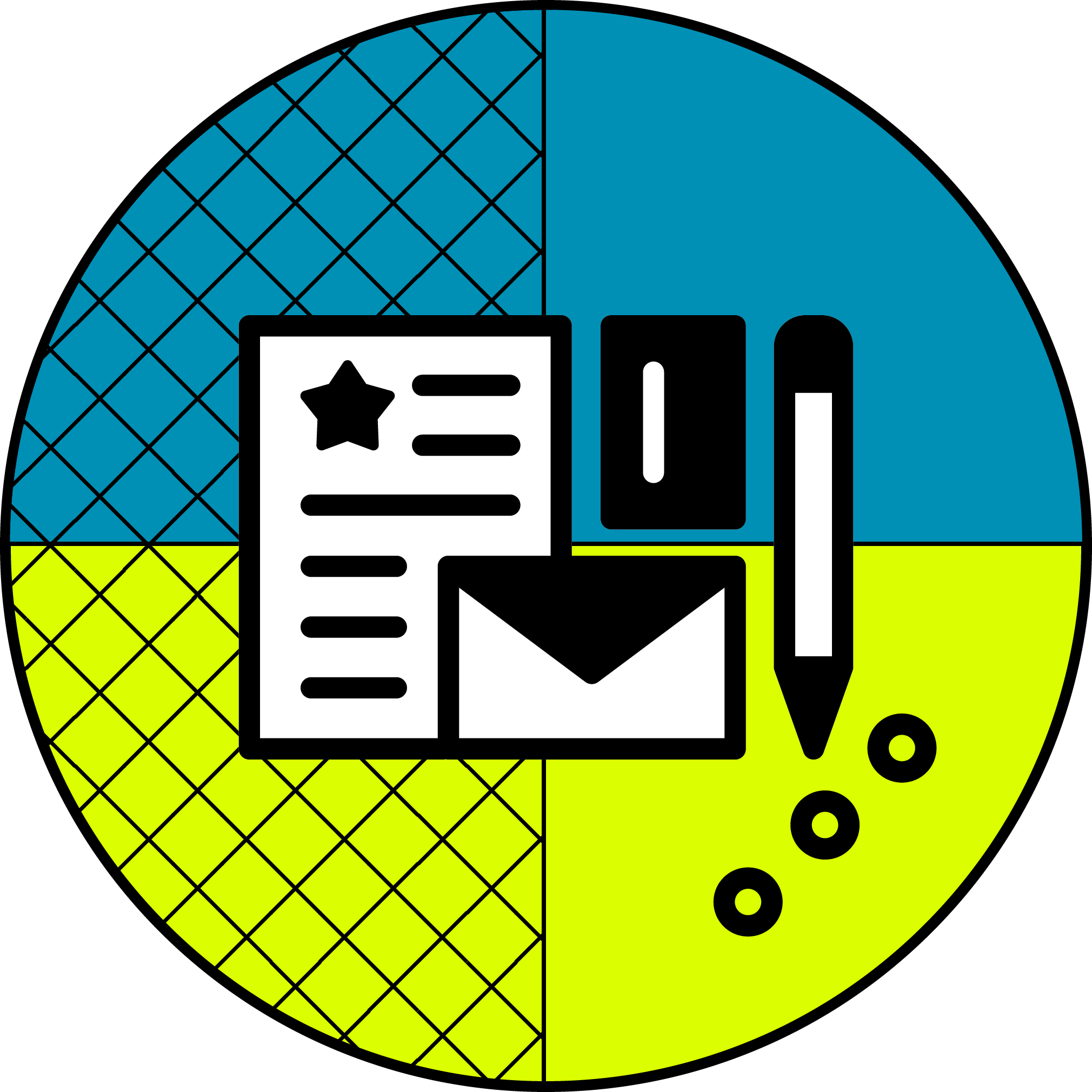 Marketing Service Icon - Circle divided into four quadrants with blue and yellow colors and grid lines, featuring icons of a document with a star, an envelope, a pencil, and three dots in the center.