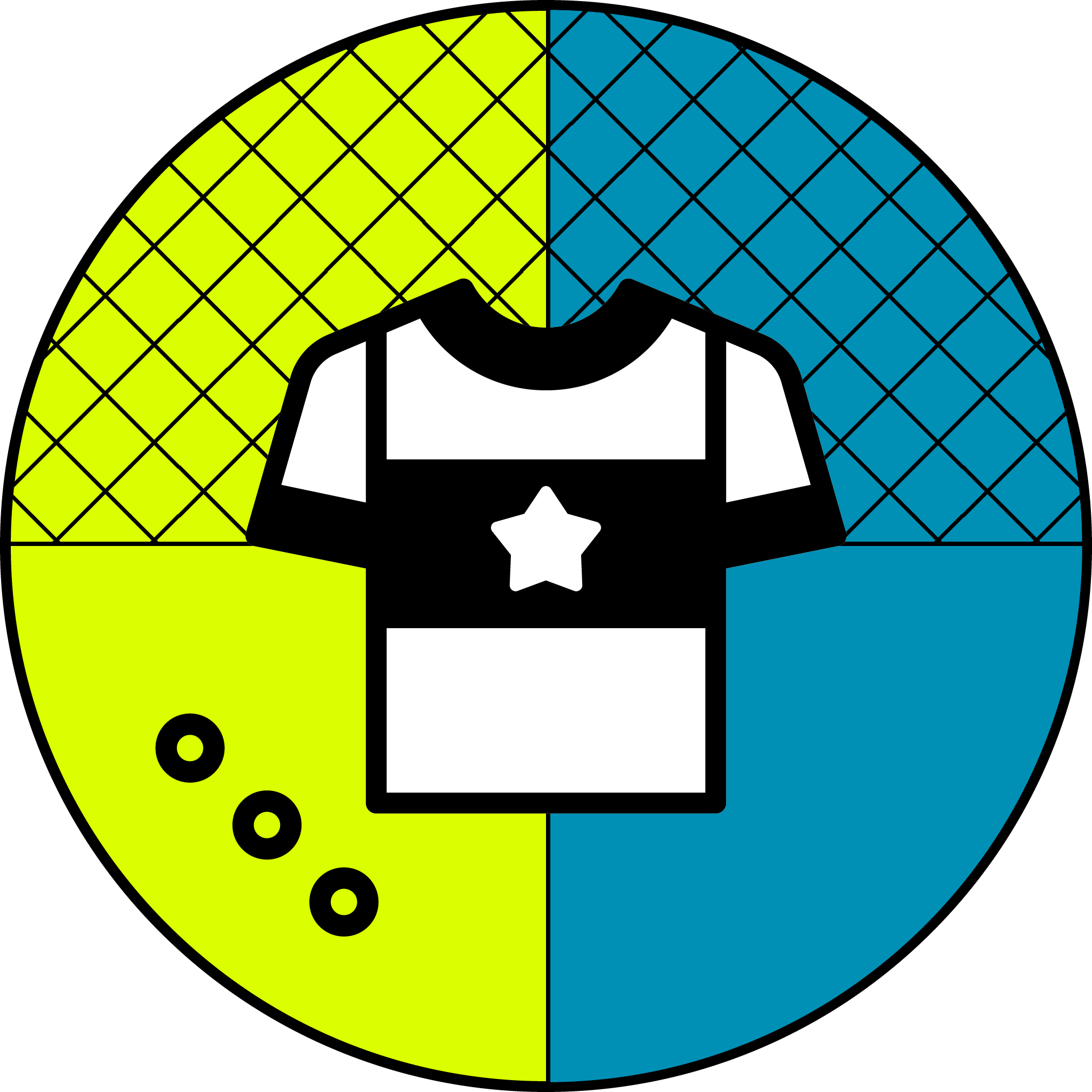 Uniforms & Gear Service Icon of a black and white T-shirt with a star in the center on a background split into blue and bright yellow sections with patterns.