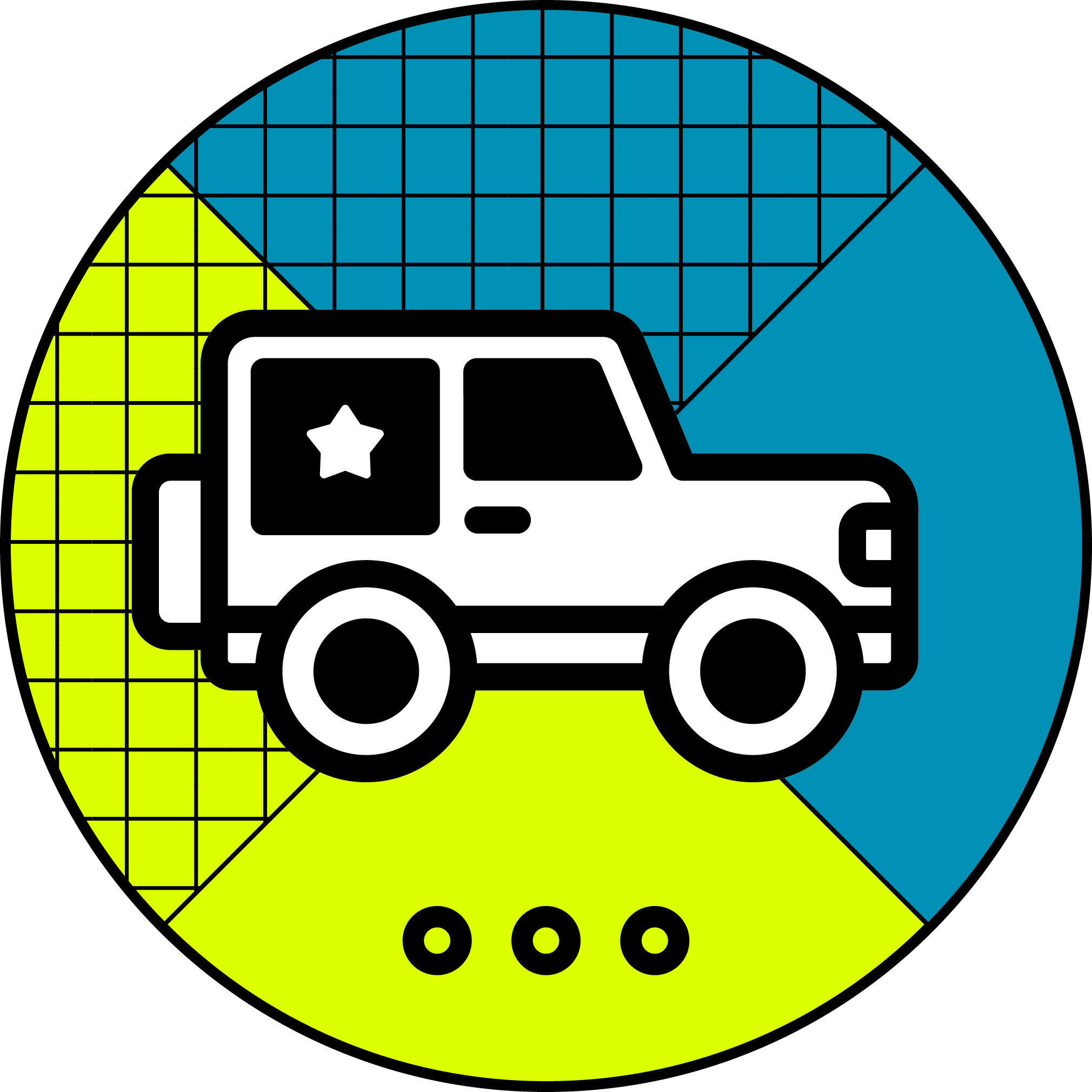 Vehicle Wrap Icon - White off-road vehicle icon with a star on the door, over a circle background split into blue and yellow grid patterns.