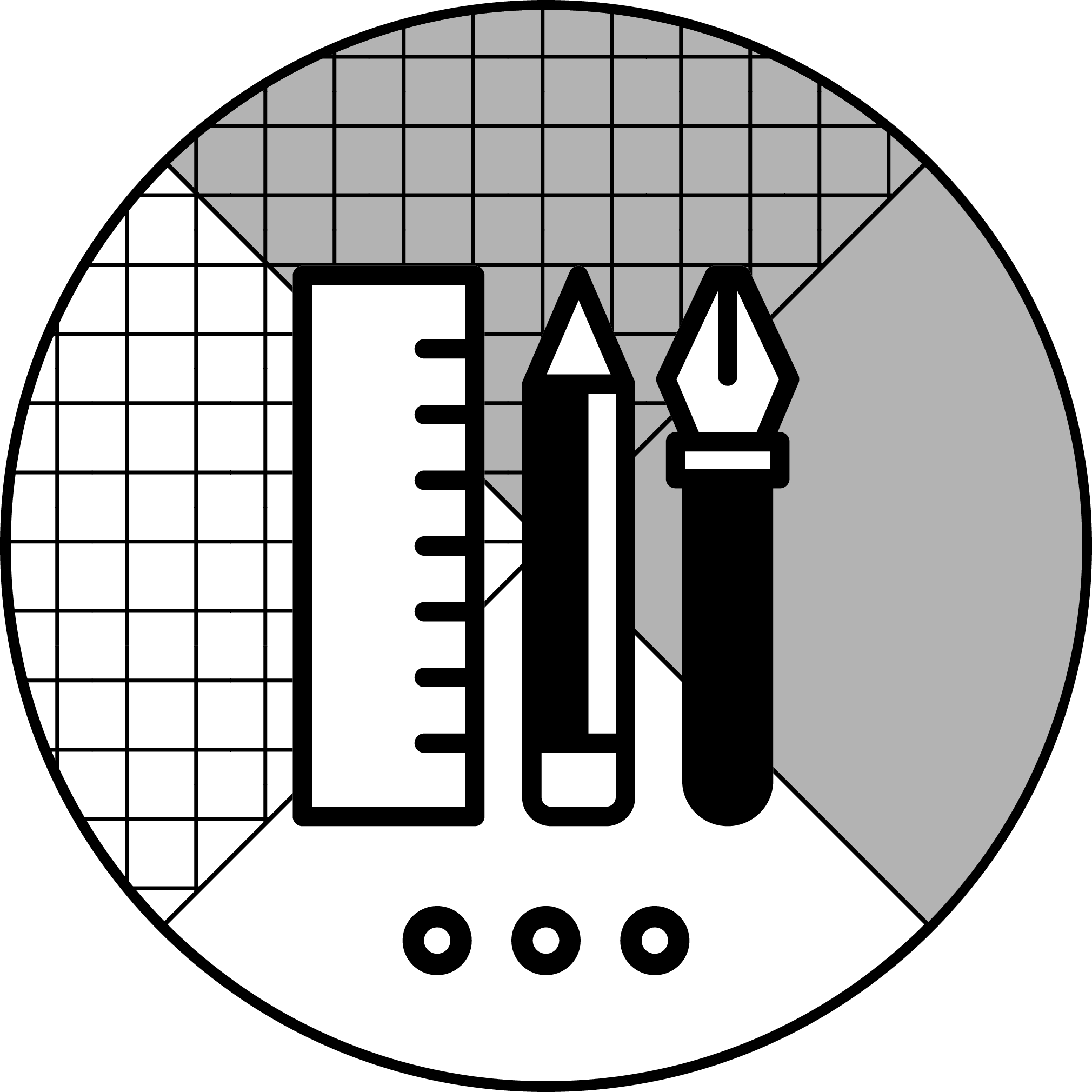 Create Icon showing a ruler, pencil, and pen tool over a background with intersecting shaded and grid patterns.