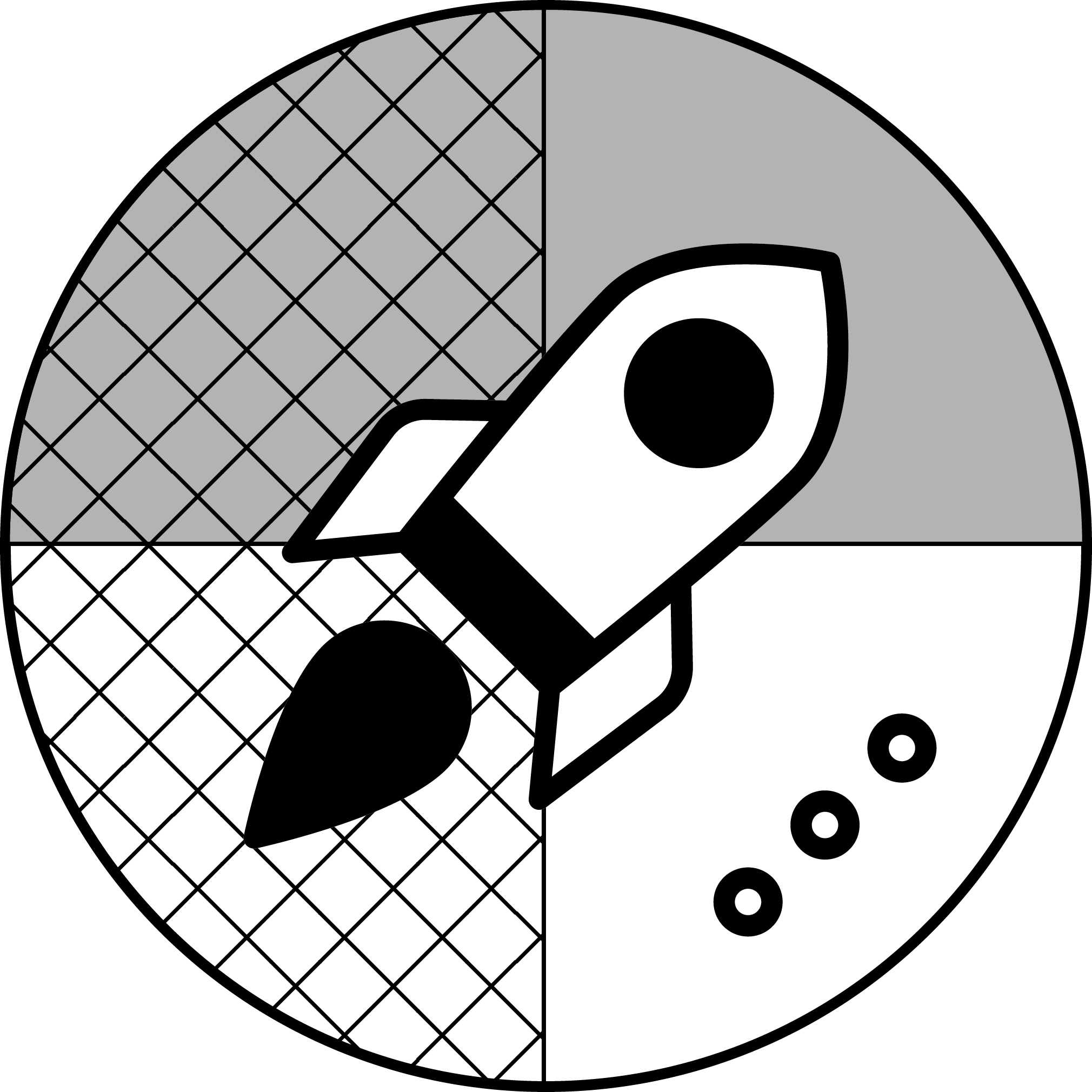 Launch Black and white rocket icon inside a circle divided into four patterned quadrants.