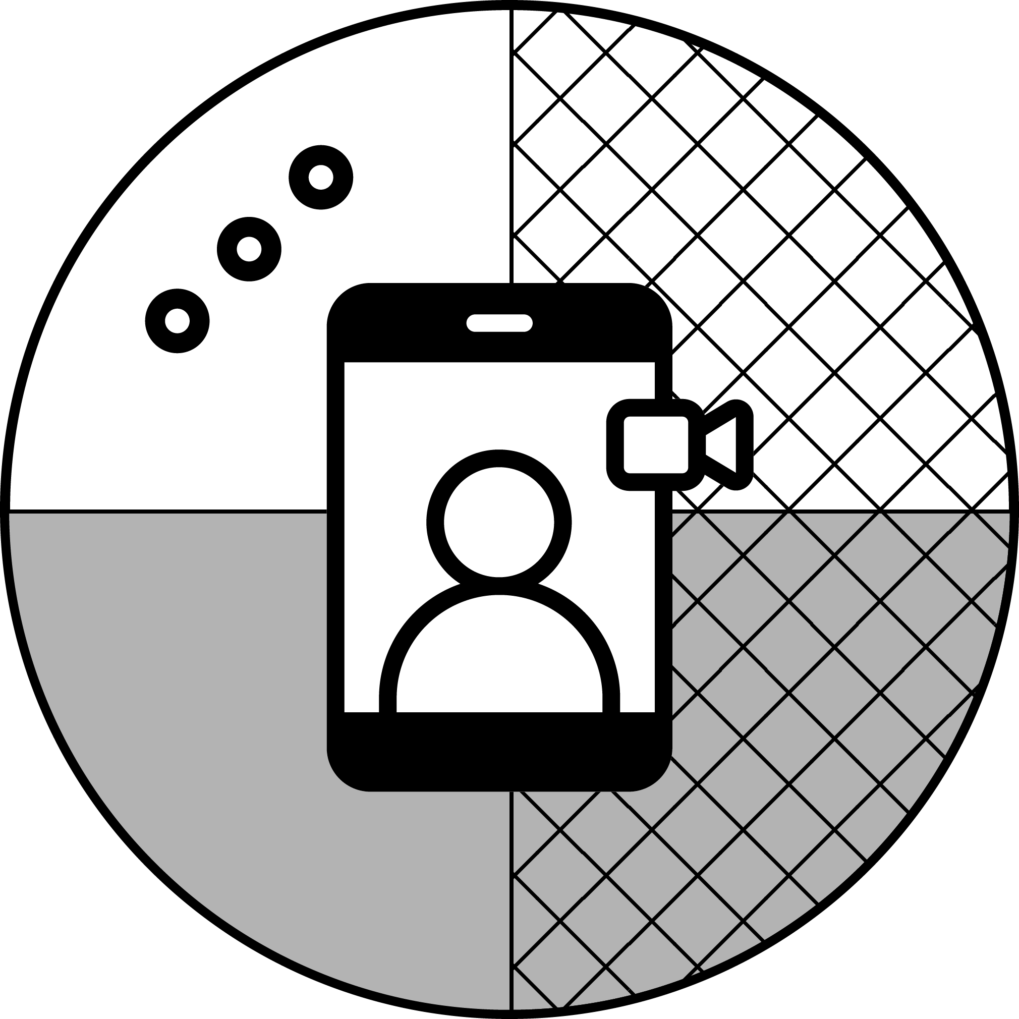 Plan Icon of a smartphone with a person silhouette and video camera symbol, surrounded by four quadrants with different patterns and three small circles in the top-left quadrant.