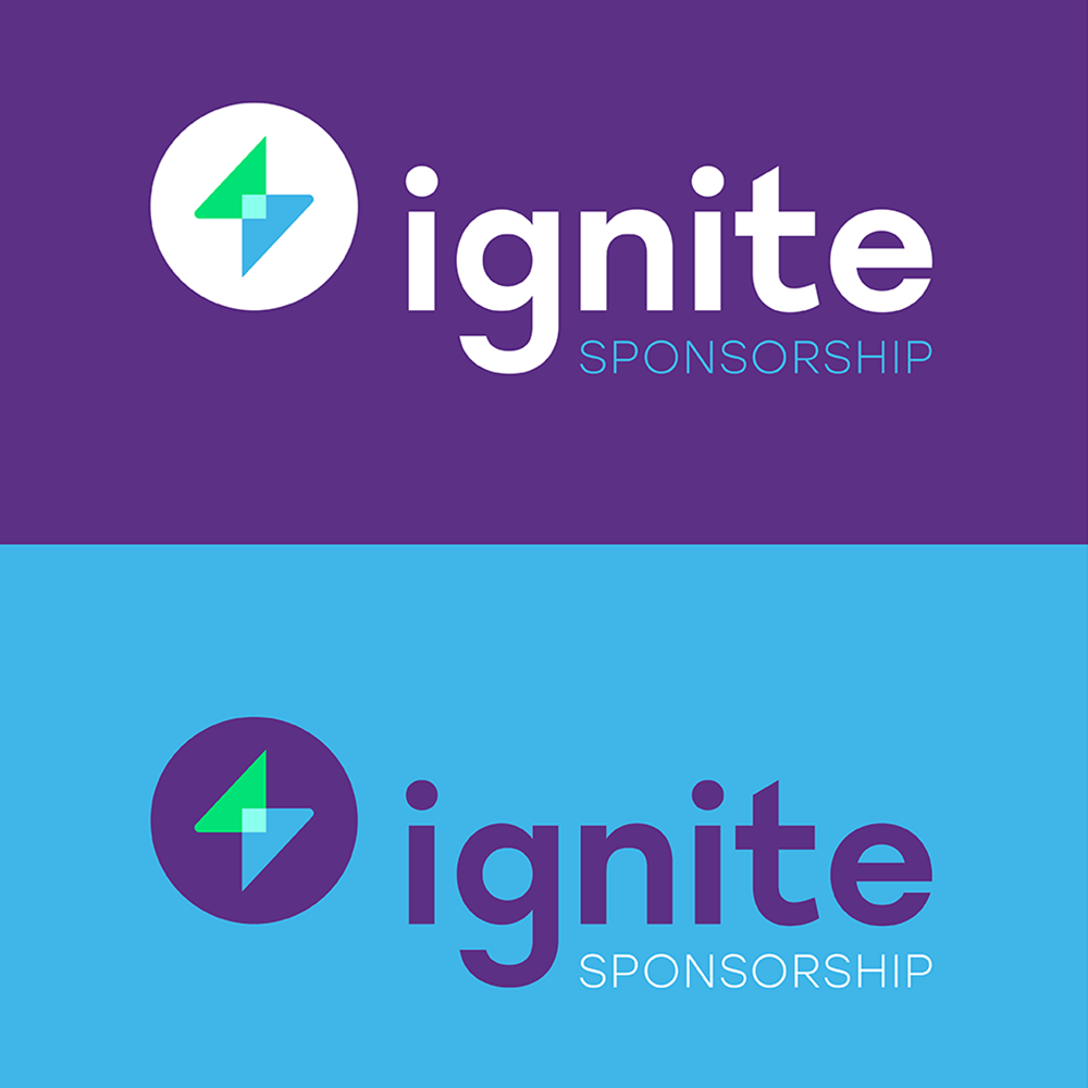 Two variations of the Ignite Sponsorship logo, one with white text on a purple background and the other with purple text on a blue background, each featuring a green and blue abstract geometric symbol.