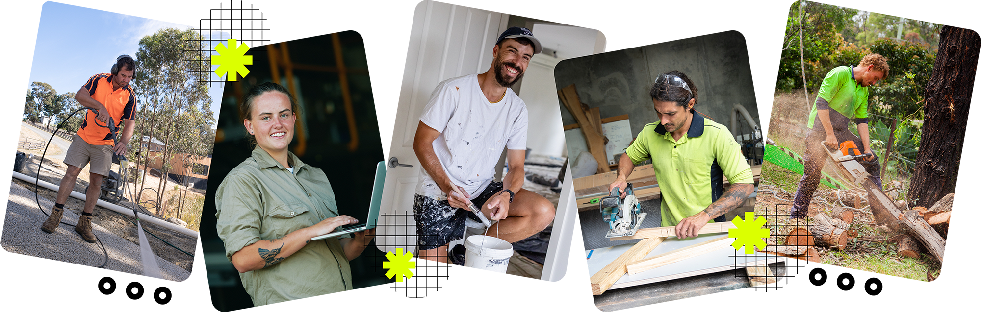 Collage of five Australian tradespeople - pressure washer, technician with laptop, painter, carpenter, and arborist using a chainsaw - framed by The Tradie Studio’s fluro yellow brand graphics.
