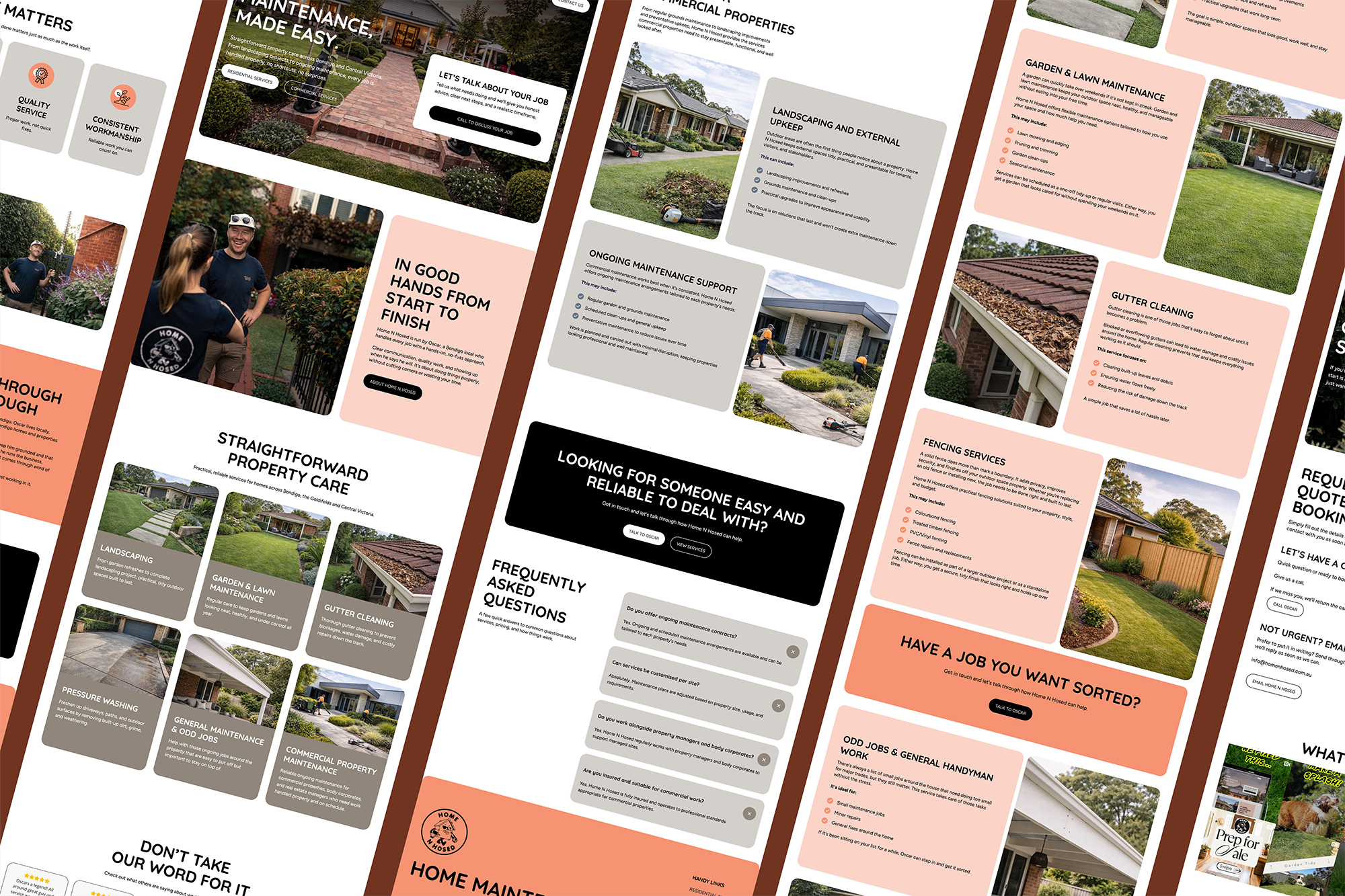 Scrolled full-page screenshots of every page on the Home N Hosed website, displayed side by side showing the complete site design