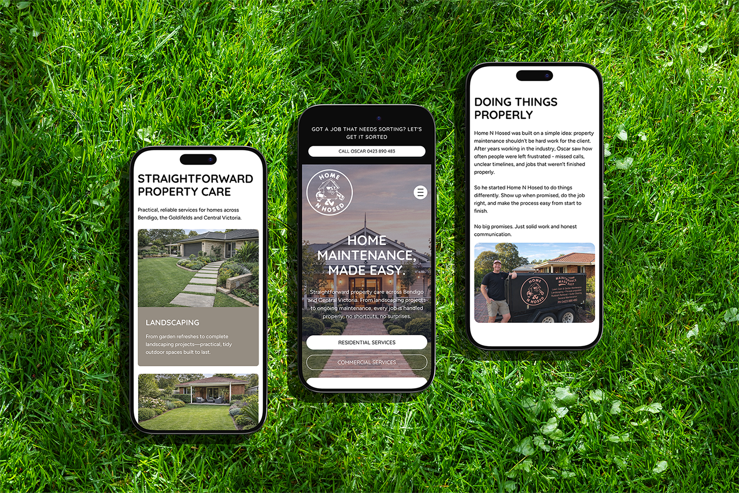 Three mobile phone screens showing the Home N Hosed website on a grass background, featuring the residential services page, homepage, and about page