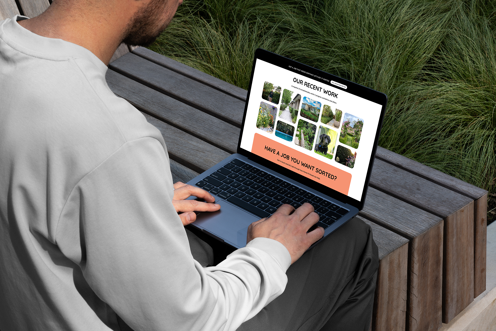 Person browsing the Home N Hosed website on a laptop outdoors, viewing the recent work gallery and call-to-action section