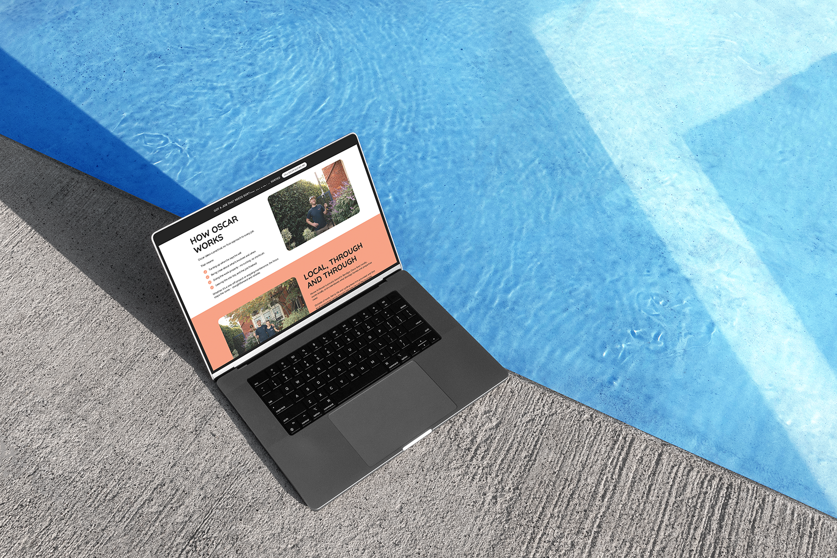 Home N Hosed website displayed on a laptop beside a swimming pool, showing the project gallery page