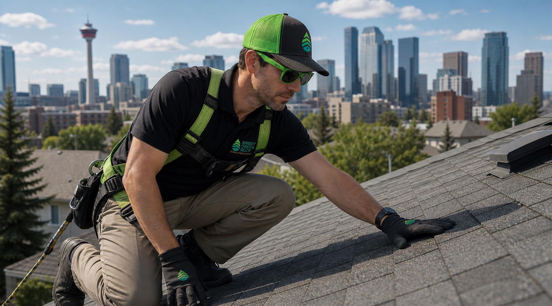 Close-up of asphalt shingles being inspected for curling and granule loss