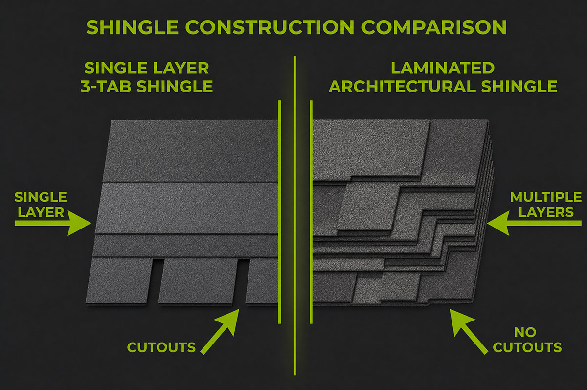 Comparison of 3-tab and architectural asphalt roof shingles
