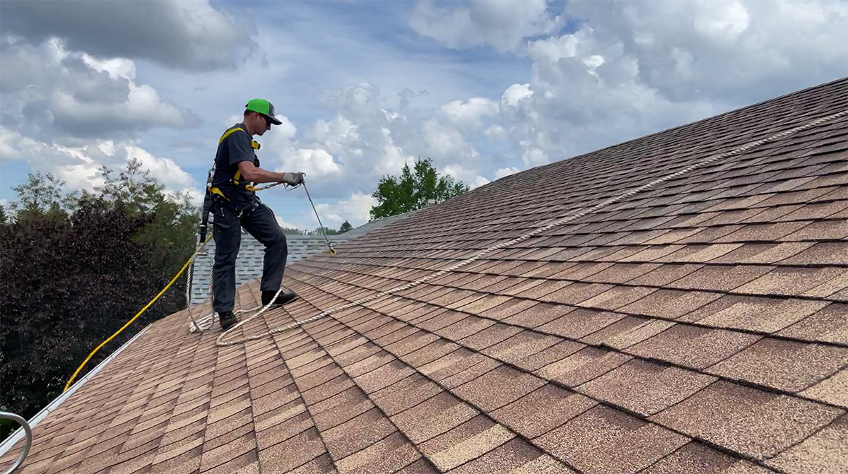 Professional spray treatment being applied to asphalt roof shingles in Red Deer Alberta