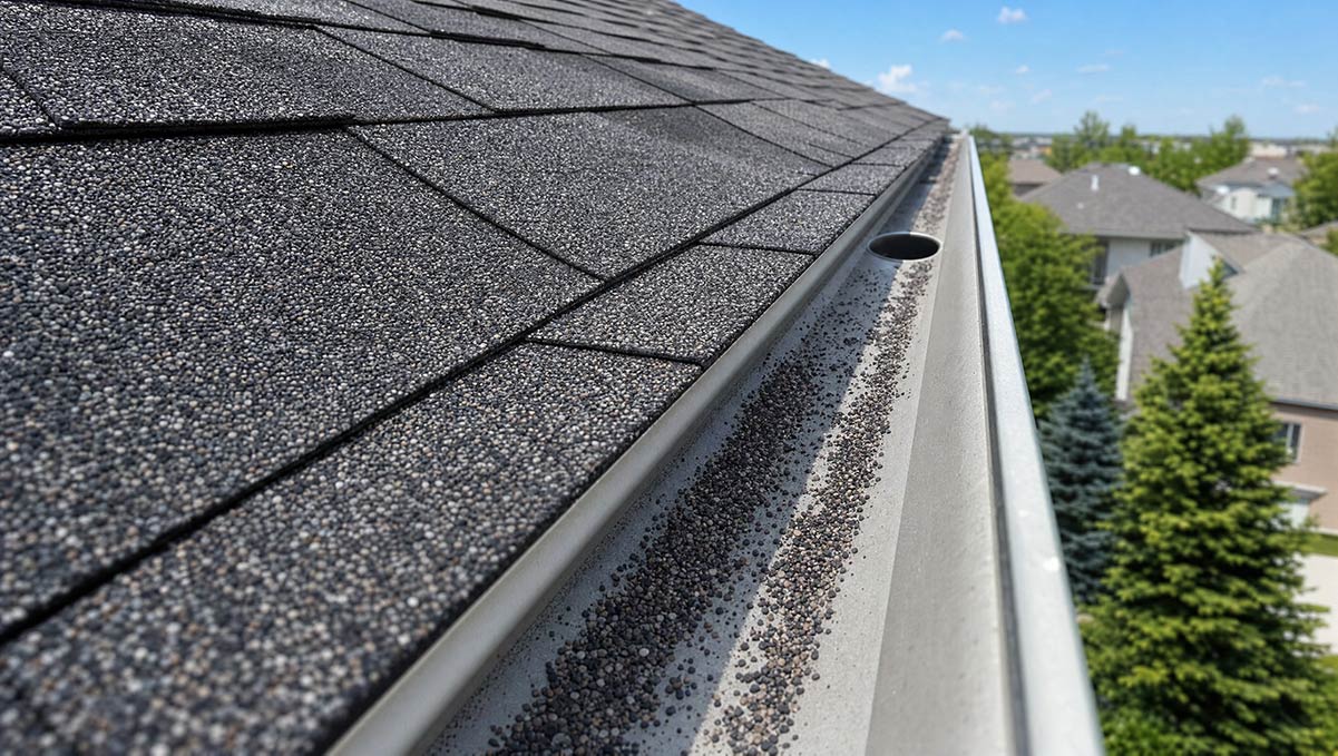Roof shingle granules collecting in an Alberta home's gutter