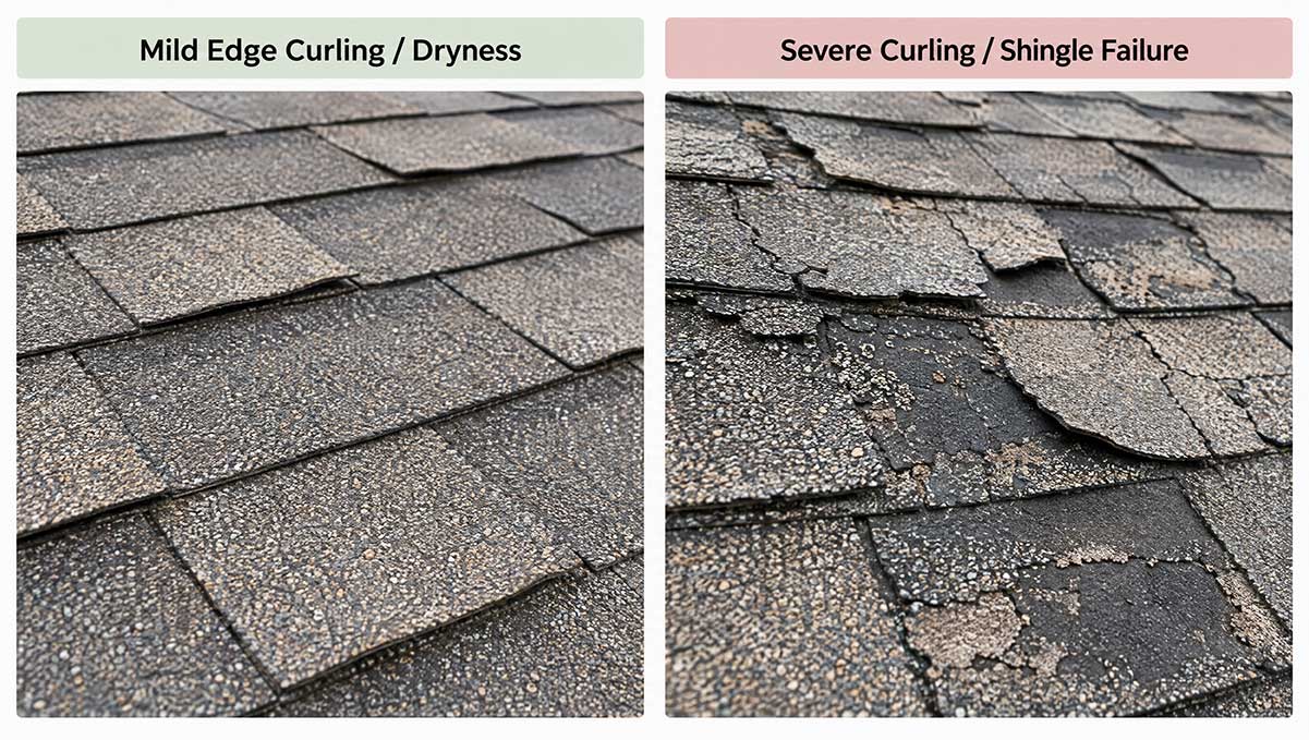 Mild shingle curling compared with severe roof deterioration