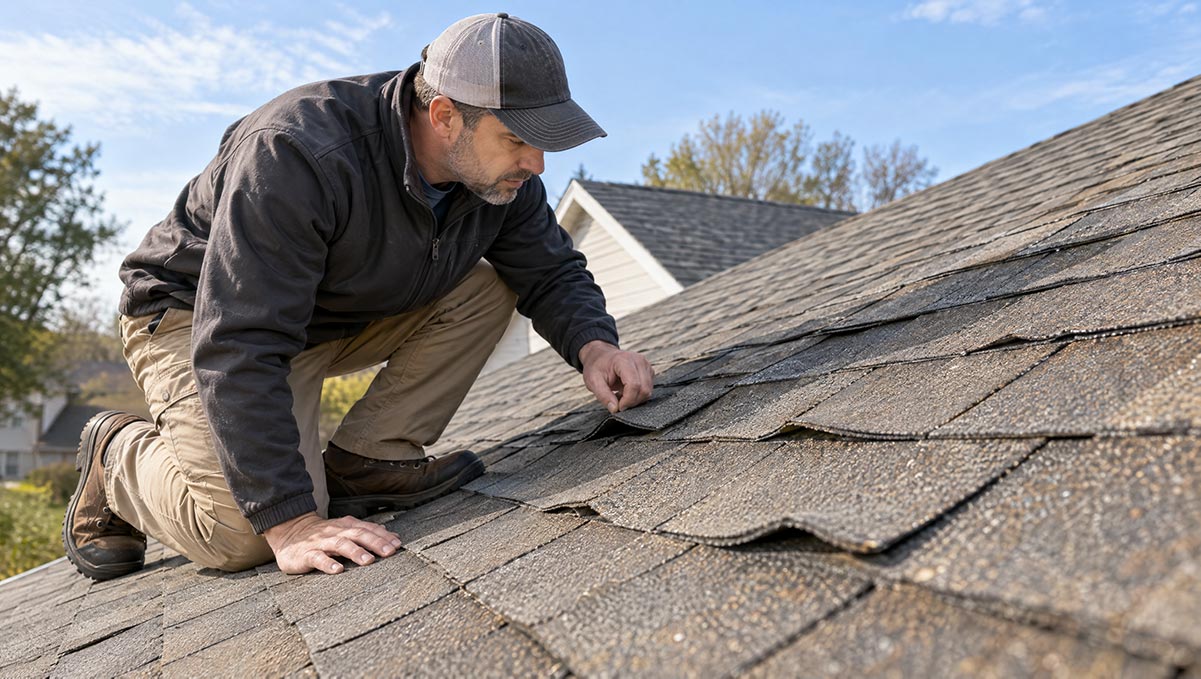 Roof inspection for curling and lifting asphalt shingles