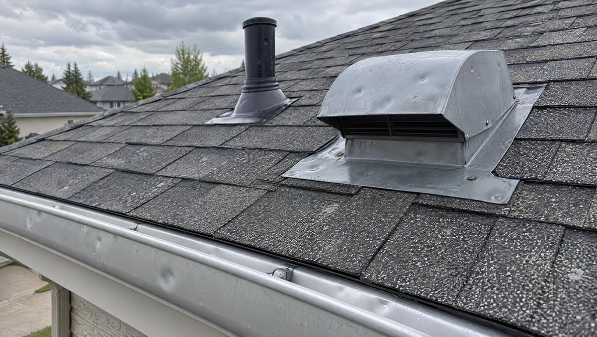 Hail dents on roof vent flashing and gutters after an Alberta storm