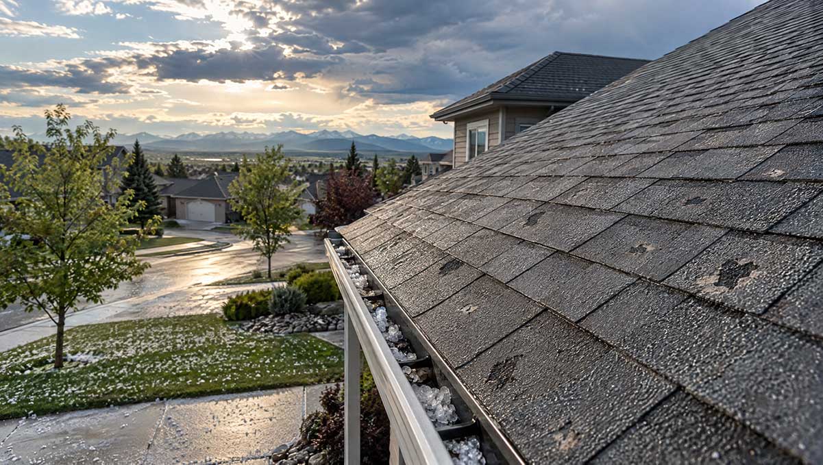Hail damage on an asphalt shingle roof in Alberta