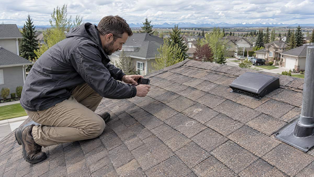 Professional inspecting an asphalt shingle roof for hail damage