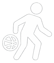 White icon of a person playing basketball dribbling the ball.