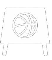 Black and white icon of a basketball on a stand or signboard.