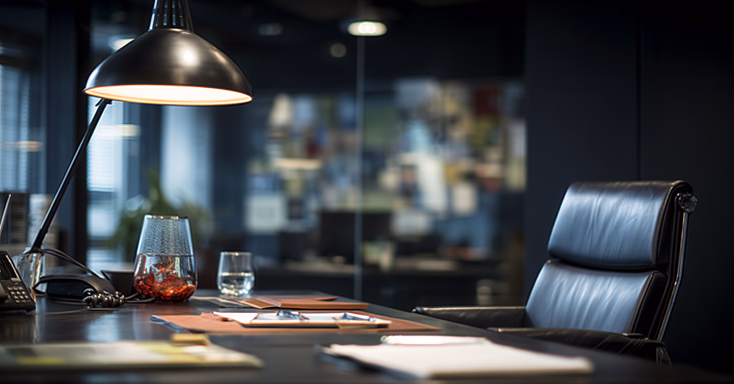 Modern office desk with a black leather chair, desk lamp, phone, glass with red decoration, and paperwork.