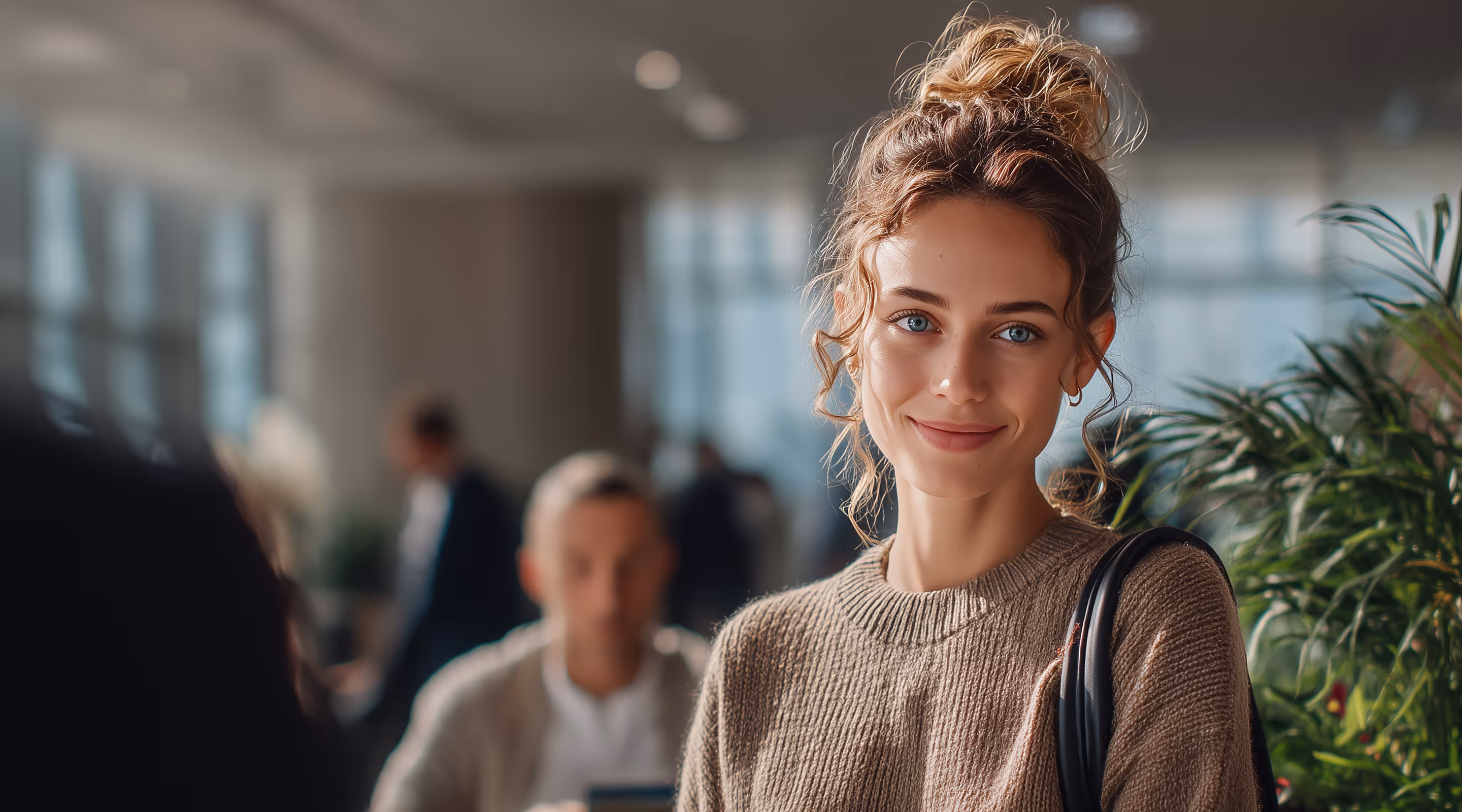 Young woman with curly hair in a bun and blue eyes smiling in a busy indoor setting.