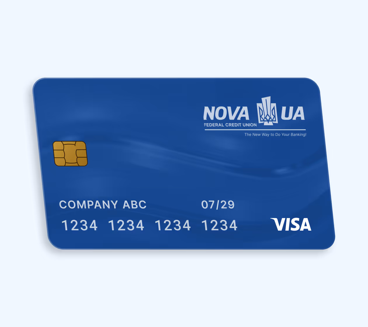 Blue VISA credit card from NOVA UA Federal Credit Union with chip and placeholder card number.