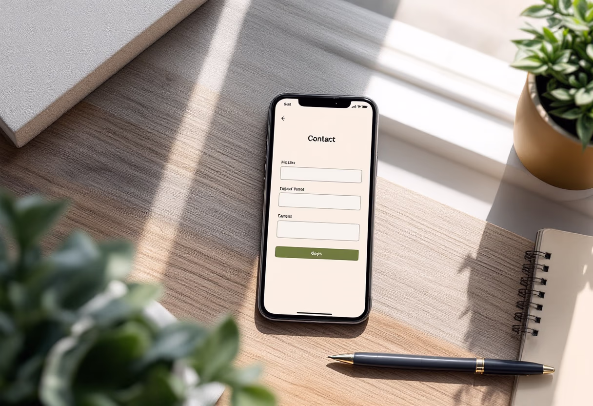 Arbeitsplatz mit Smartphone und Notizbuch als Metapher für strukturierte Designberatung und klare Projektkommunikation.