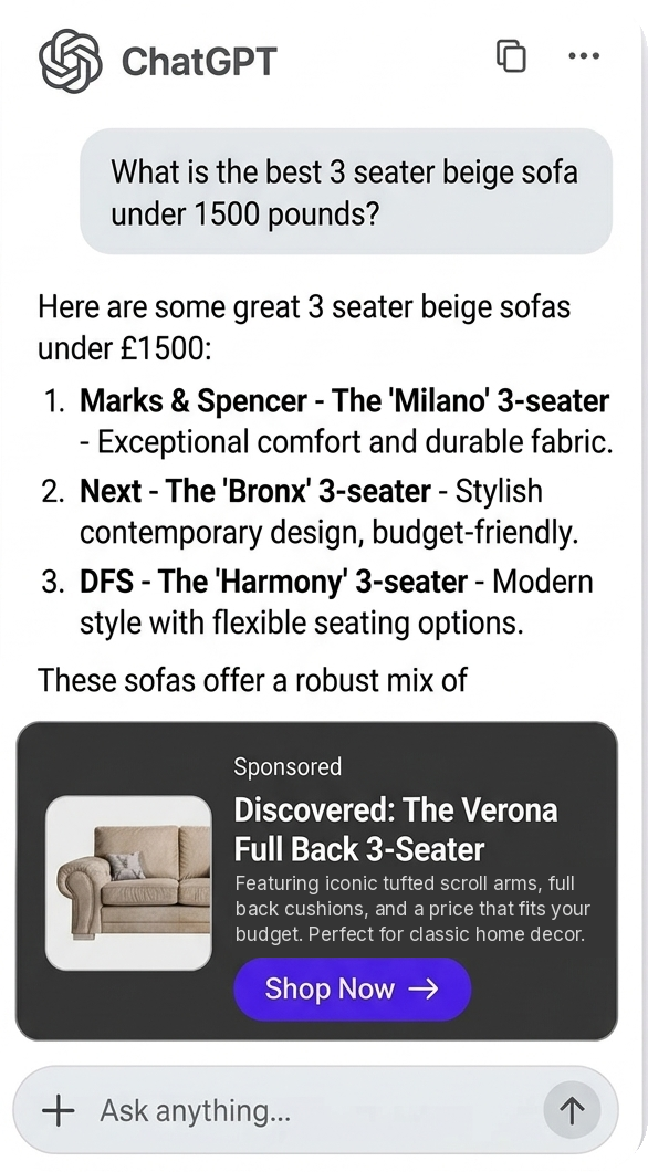 ChatGPT answer with a sponsored sofa ad shown after the AI recommendation