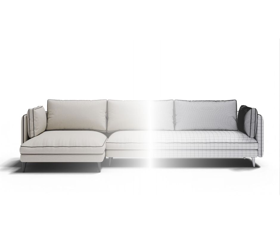 A modern bedroom with a black bed, two framed line art prints, and a plant on a nightstand.