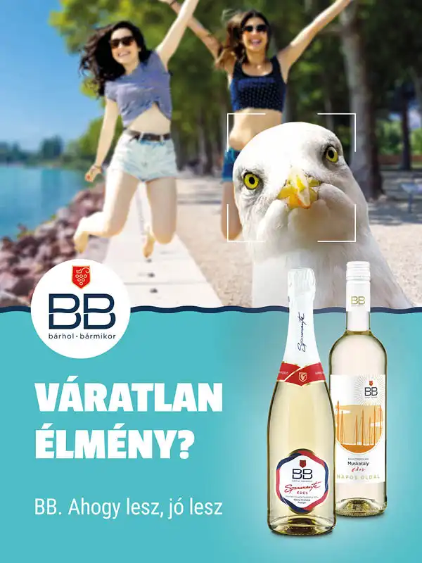 Két nő ugrik egy tóparton, előtérben sirály, BB fehérbor palackokkal és logóval – életmód kampány arculat és ital csomagolás design