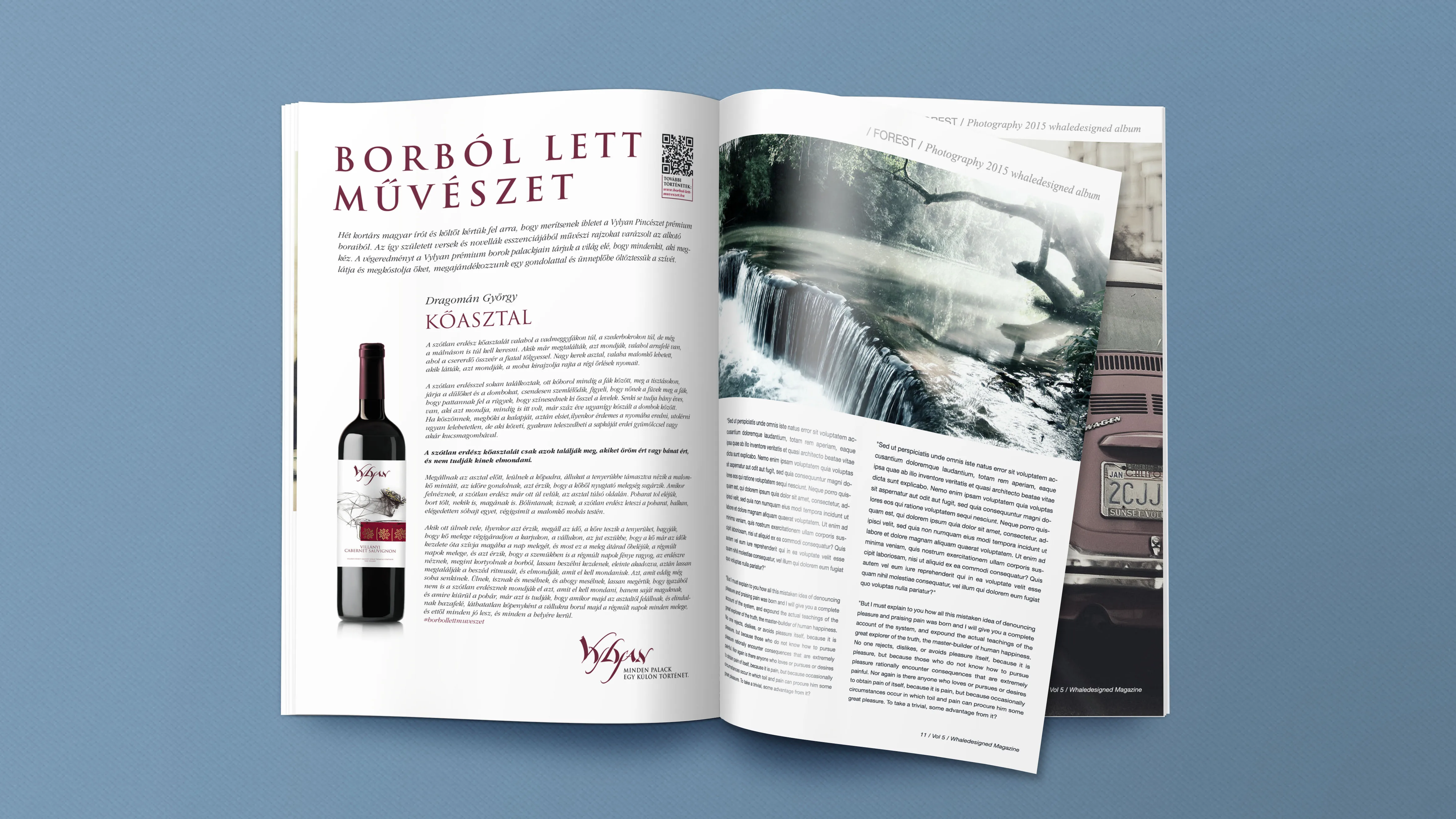 A Vylyan „Borból lett művészet” sajtómegjelenése nyitott magazinban, egy palack borral