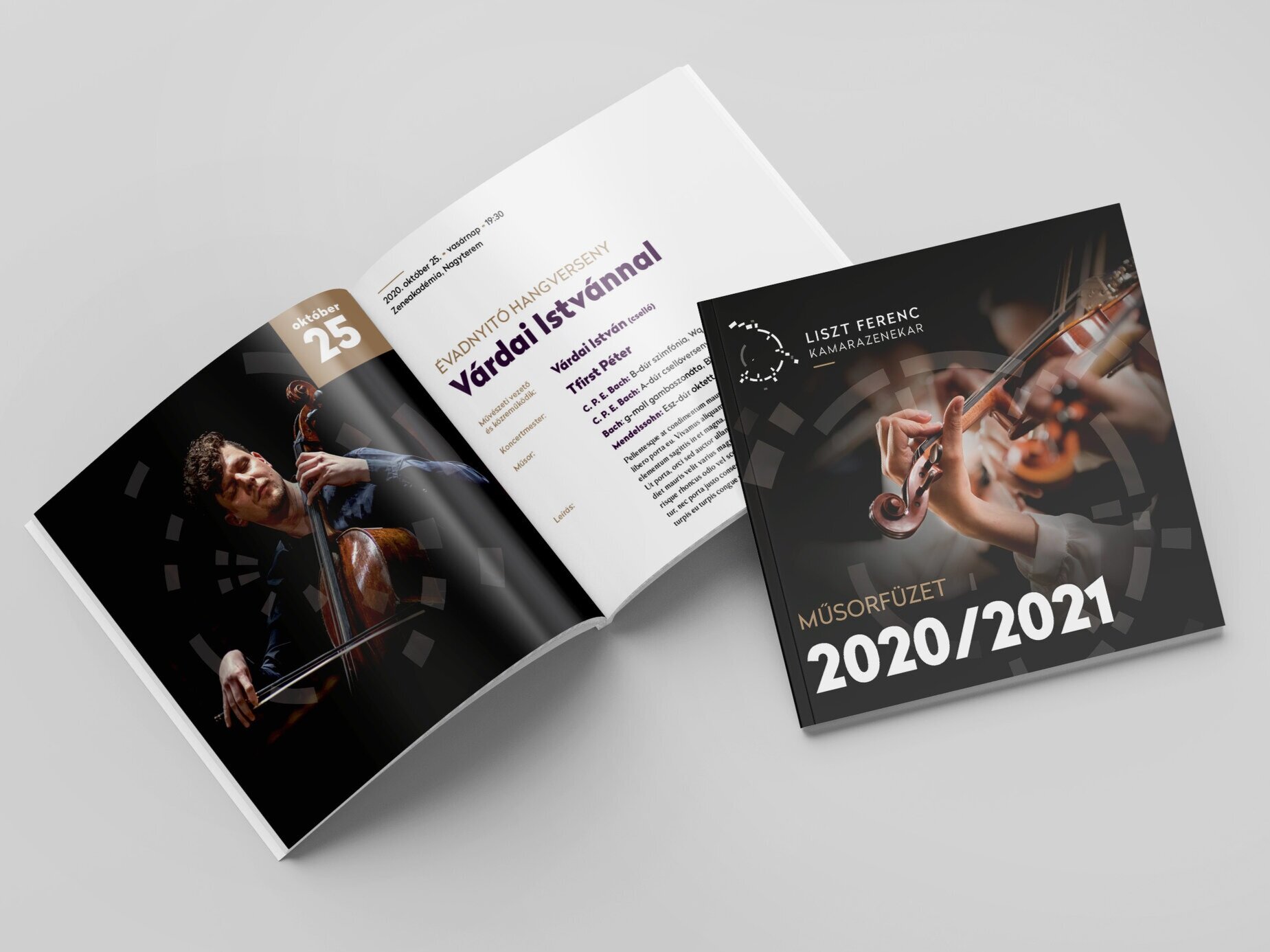 A Liszt Ferenc Kamarazenekar 2020/2021-es műsorfüzete nyitva és csukva