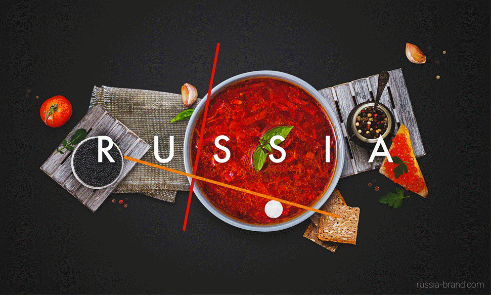 A „Russia” logó ételfotókkal: céklaleves, kaviár és fűszerek