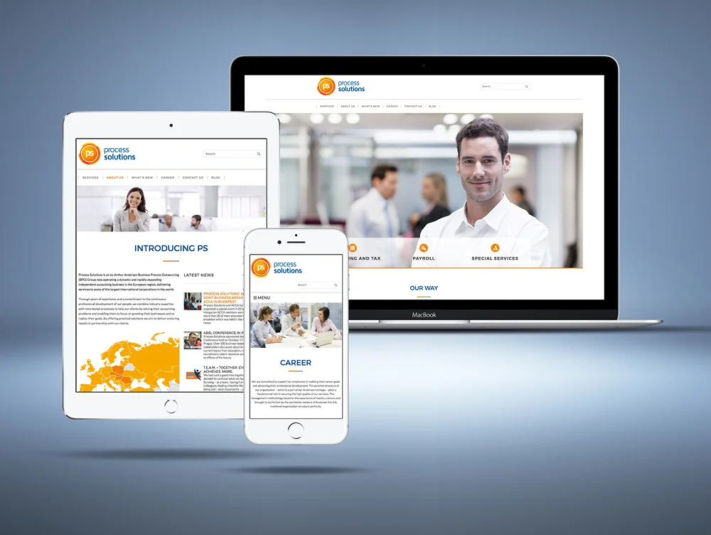 A Process Solutions weboldala laptopon, tableten és mobilon