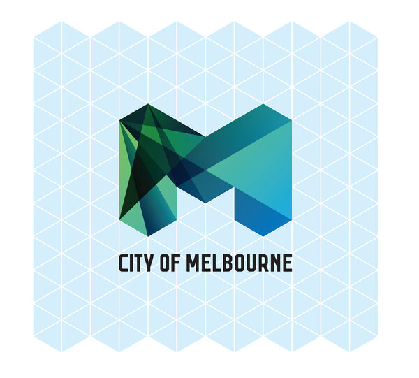City of Melbourne logó: geometrikus, zöld-kék „M” betű