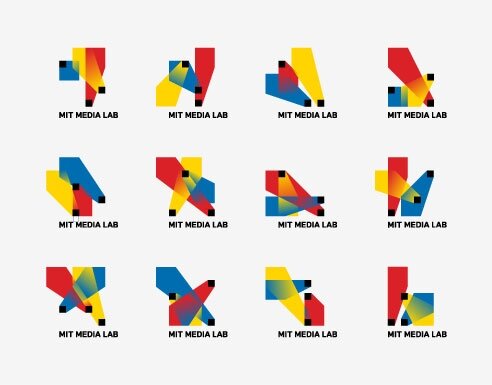 Az MIT Media Lab dinamikus logójának tizenkét színes változata