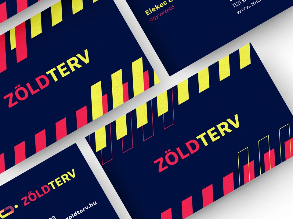 Zöldterv névjegykártyák sárga–piros csíkos mintával