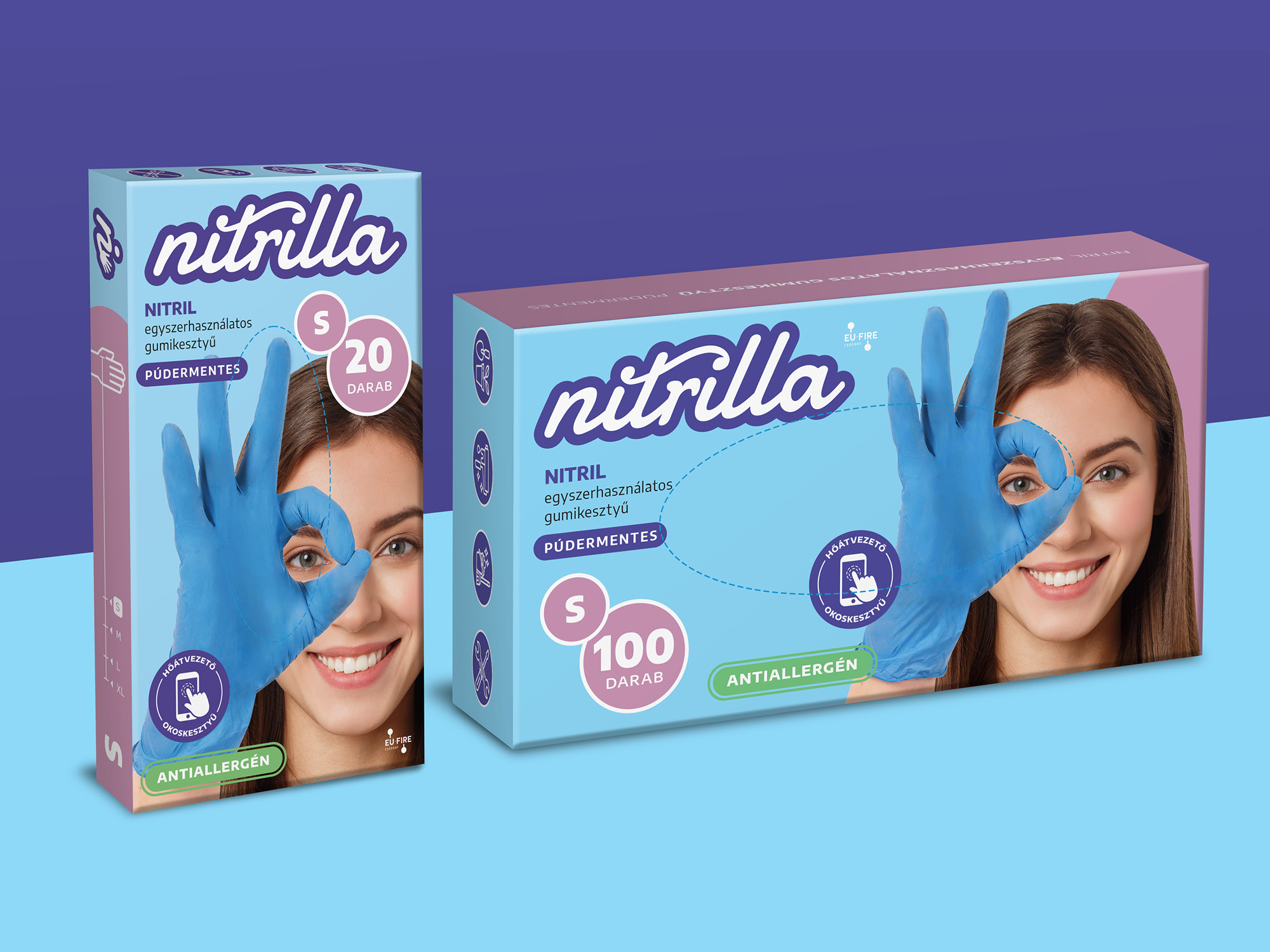 Nitrilla 20 és 100 darabos nitrilkesztyű-doboz