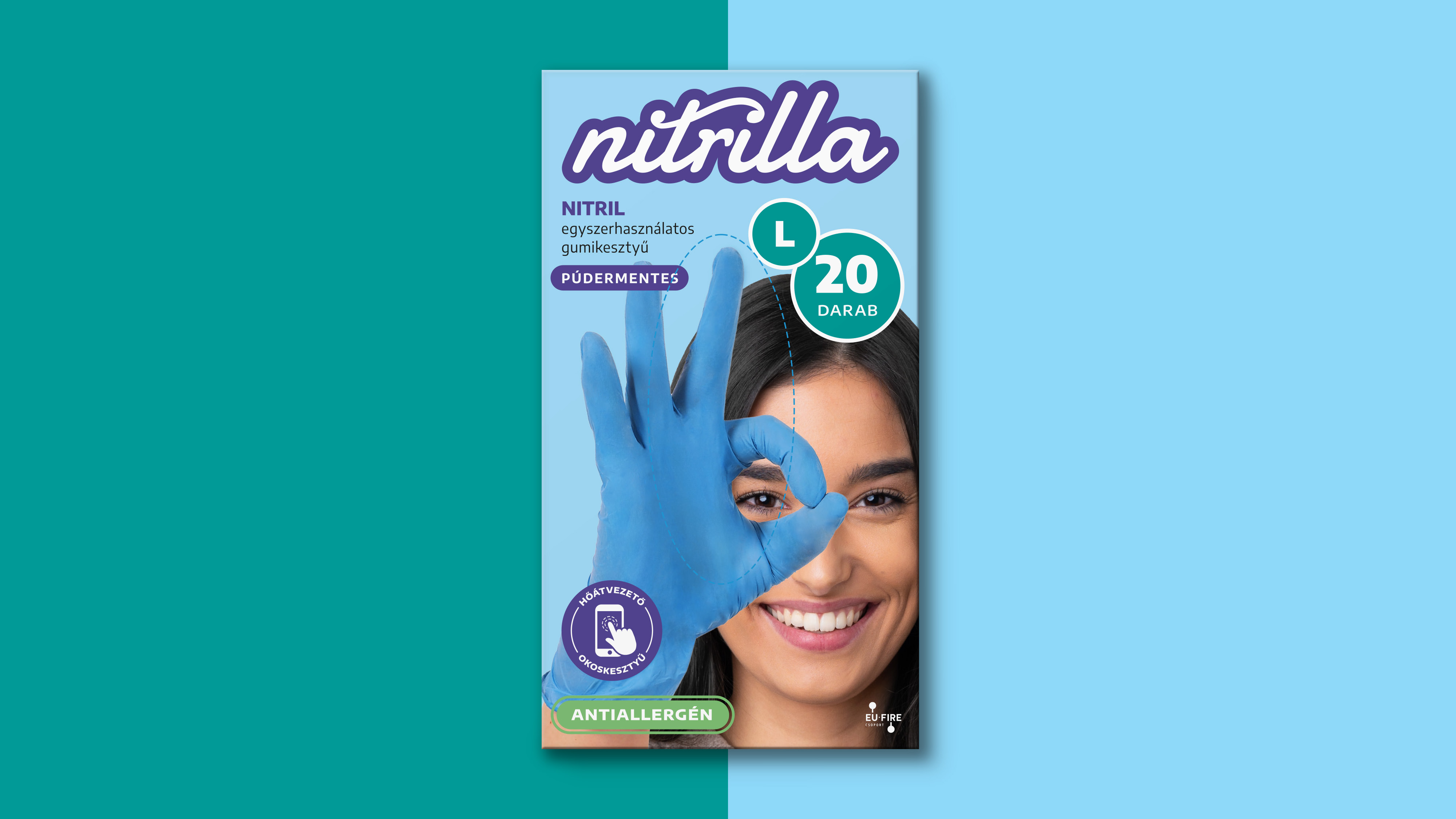 Nitrilla L méretű, 20 darabos kesztyűdoboz zöld–világoskék háttéren