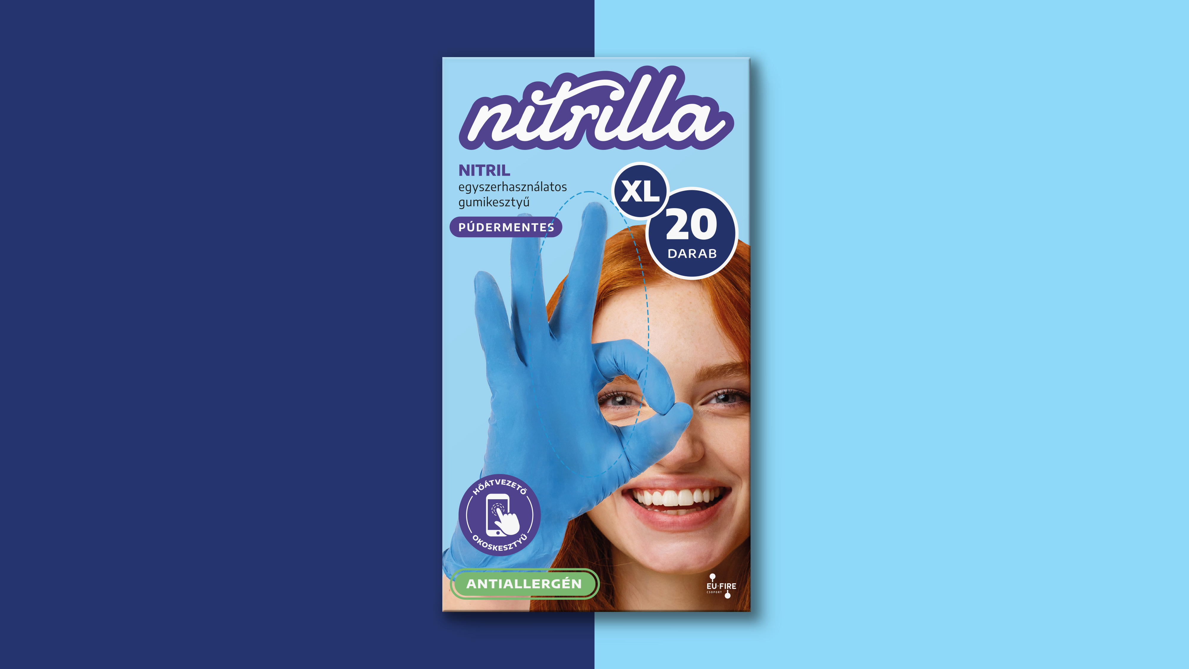 Nitrilla XL méretű, 20 darabos kesztyűdoboz sötétkék–világoskék háttéren