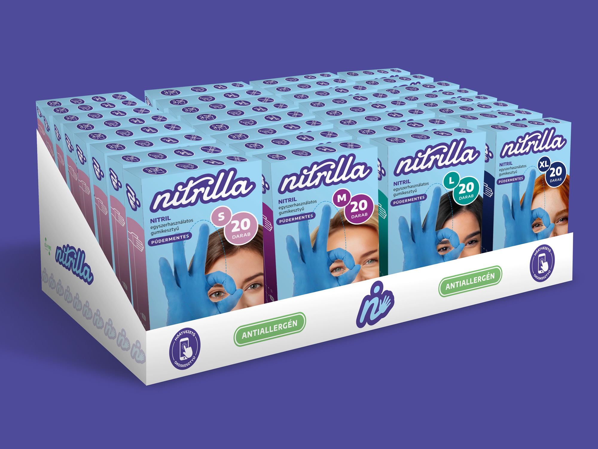 Nitrilla gumikesztyű-dobozok polci gyűjtőkartonban