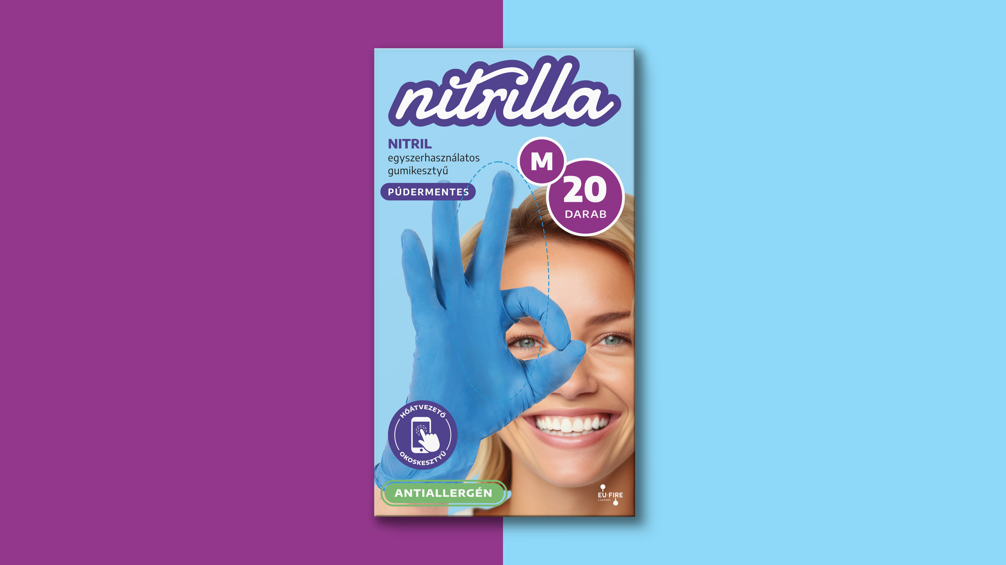 Nitrilla M méretű, 20 darabos kesztyűdoboz lila–világoskék háttéren