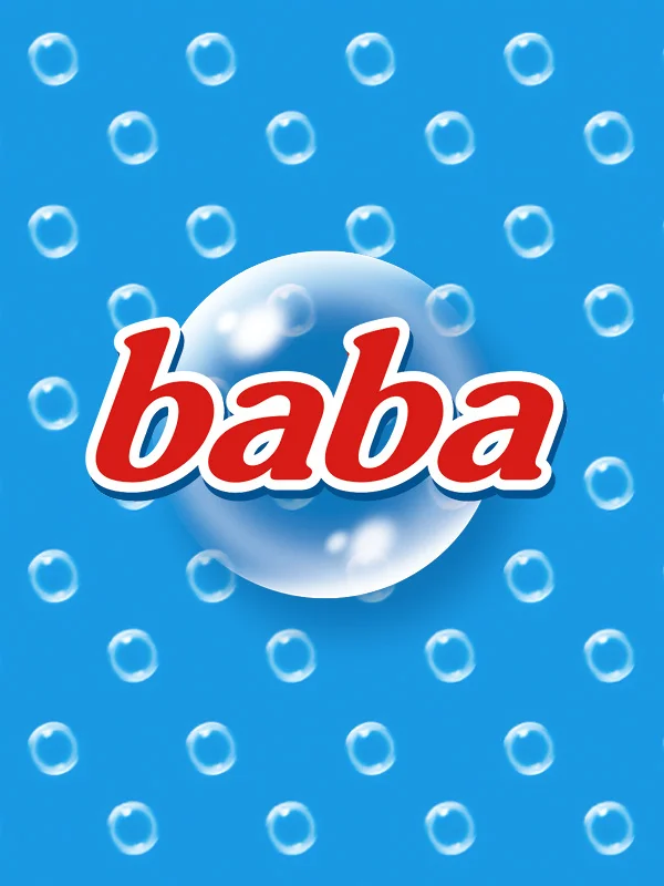 A Baba logó buborékkal kék, pöttyös háttéren