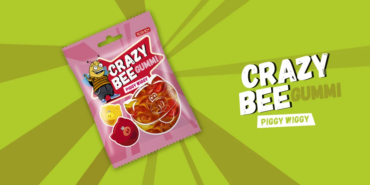 Crazy Bee Gummi Piggy Wiggy gumicukor-tasak zöld háttéren