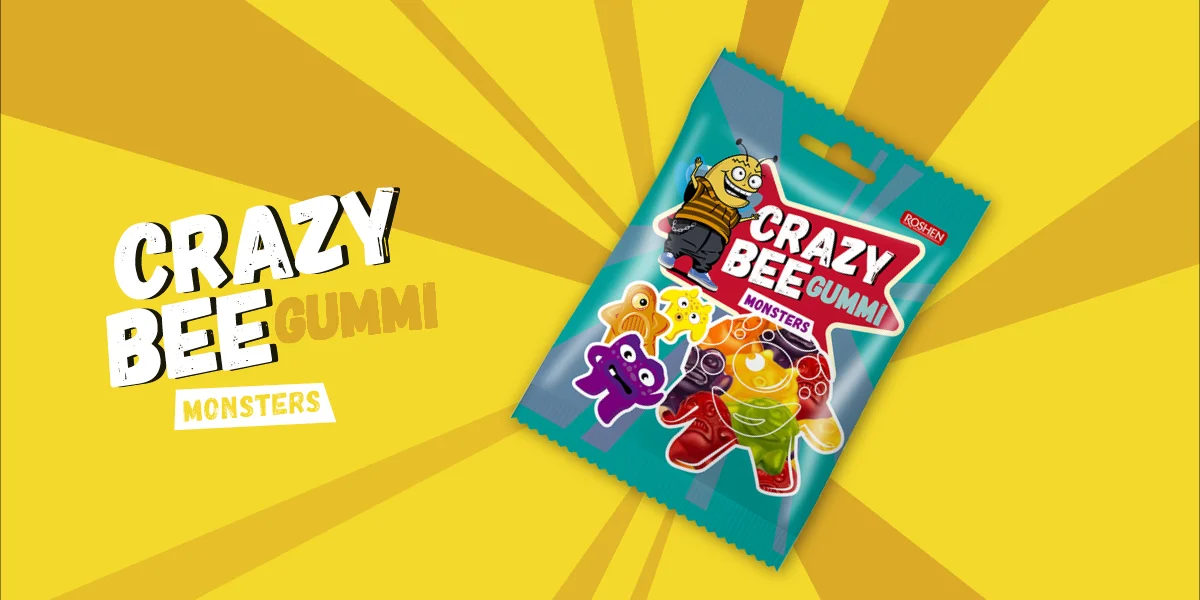 Crazy Bee Gummi Monsters gumicukor-tasak sárga háttéren